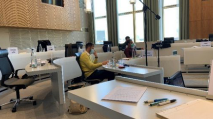 Students attending class with social distance and masks