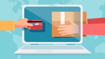 arms reaching into laptop screen with credit card and shopping bag 