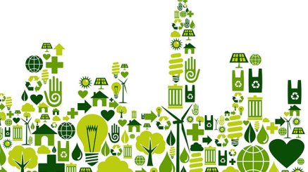 Green City silhouette with environmental icons 