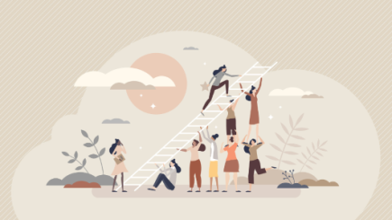 Different women holding a ladder while another woman is climbing it up