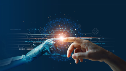 A human fingertip and a machine fingertip touch each other