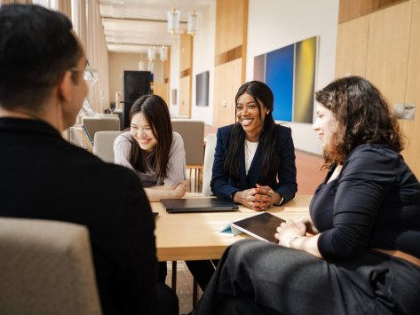 ESMT Berlin Full-time MBA student Gloria Motopu and classmates studying together on campus