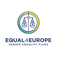 Logo of the Equal for Europe project. It shows a set of weighing scales with a male and female logo equally balanced on each side