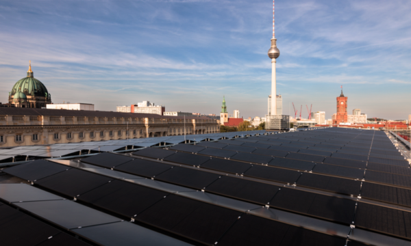 PV system on ESMT roof with Berlin skyline in the background