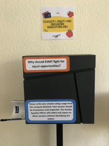 Suggestion box with sign that reads "Why should ESMT fight for equal opportunities?"