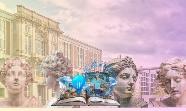esmt building and female statues in the background, book with visuals popping out in the middle of it.