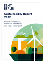 cover image of the ESMT Berlin Sustainability Report 2022 with sustainable elements depicting wind power and greenery in living space