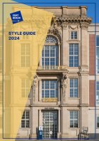 Front of ESMT Berlin building with blue and yellow colours used to frame image, showing the words Style Guide 2024