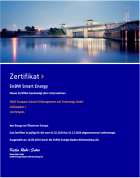 Front page of certificate with image of a building with a river in front of it and blue background and text below the image
