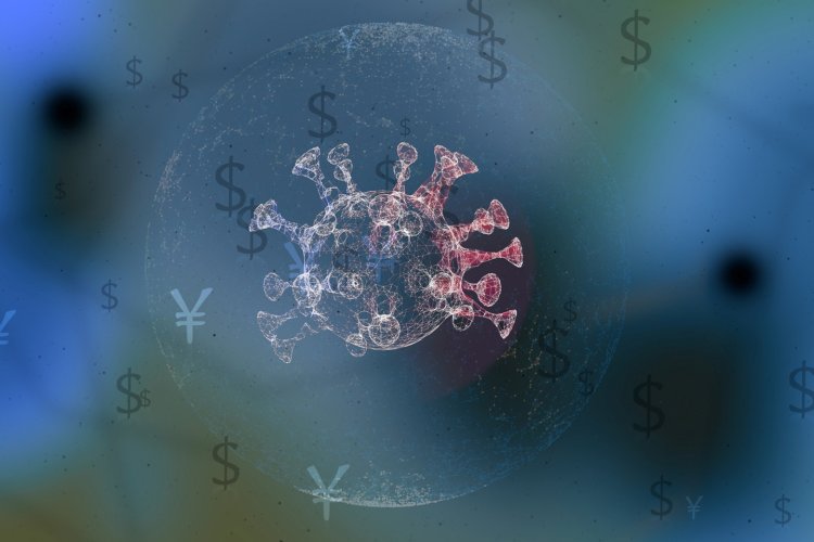 Concept of virus and economics. 3d render of germ inside a transparent bubble over dark background with dollar and yen icons floating around.