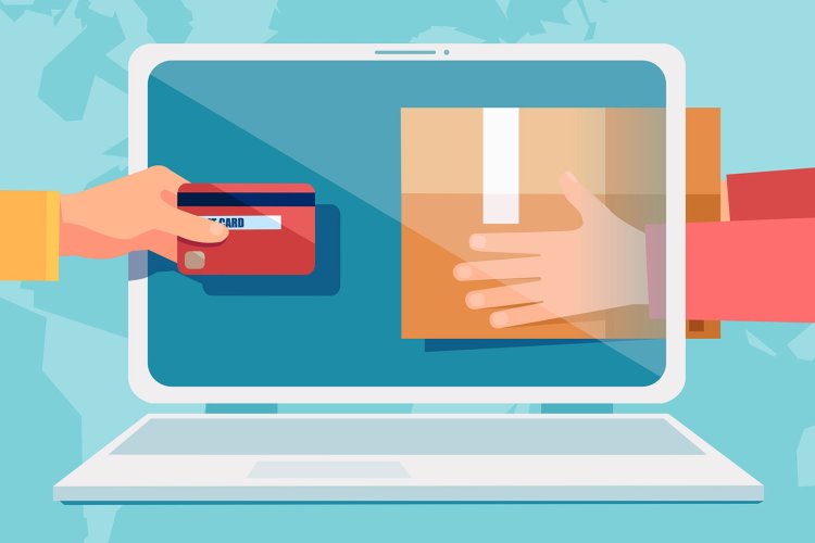 arms reaching into laptop screen with credit card and shopping bag 