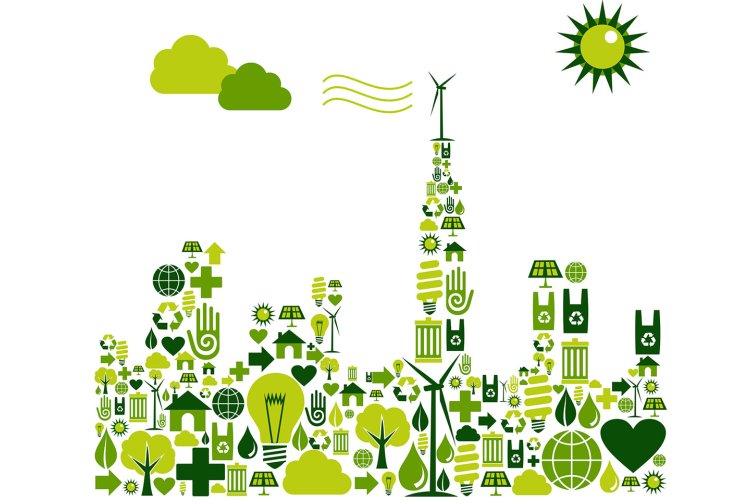 Green City silhouette with environmental icons — Vector