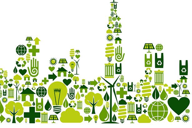Green City silhouette with environmental icons 