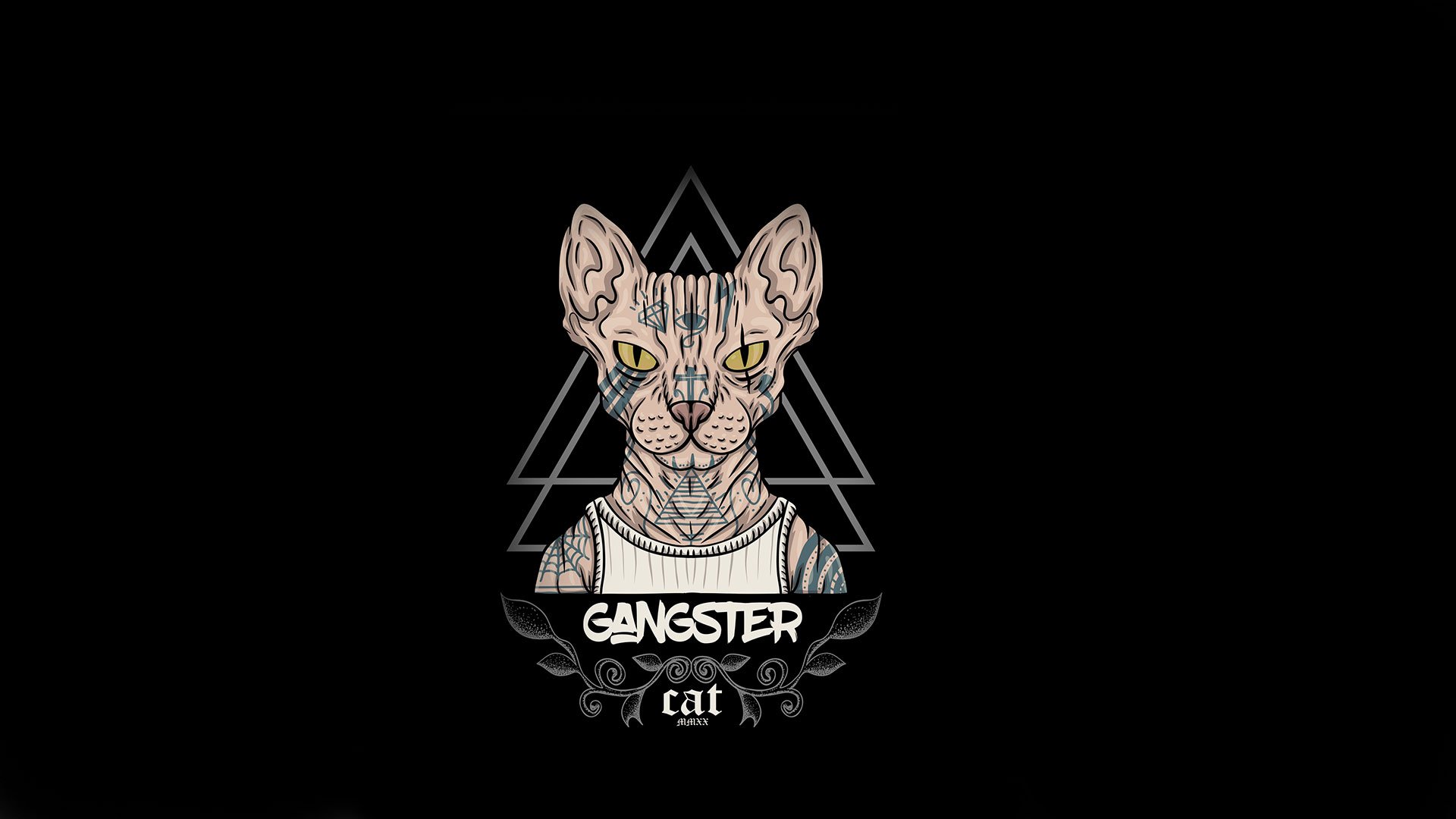 Sphynx cat with tattoos and the text gangster