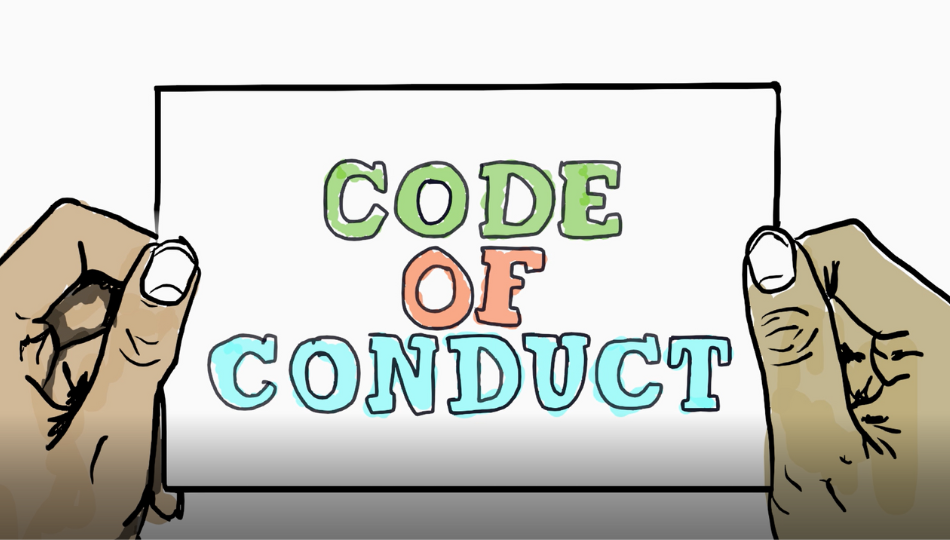 A pair of hands holds a sign that says Code of Conduct