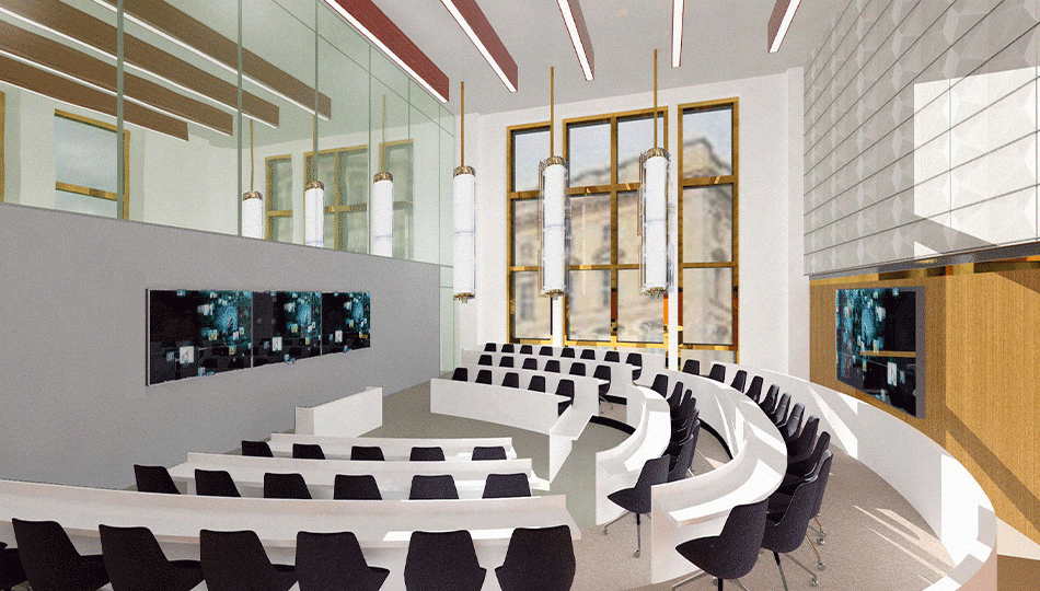 Visual representation of the future use of the former Kinosaal. The room will include 2 new auditoria