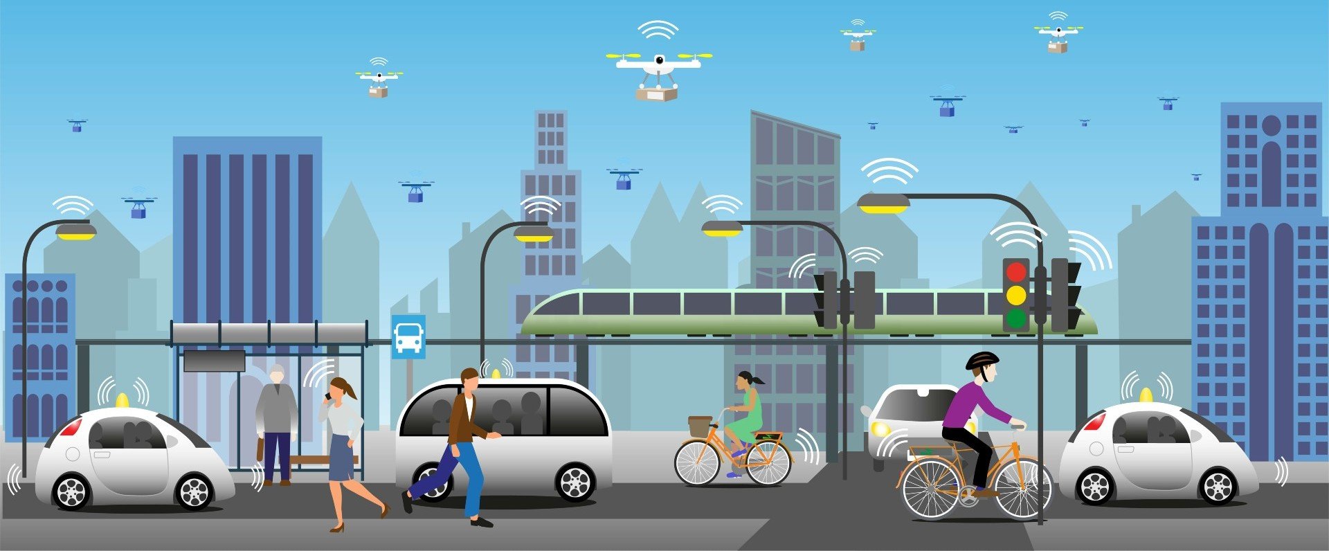 illustration of diverse residents and transport in urban mobility landscape