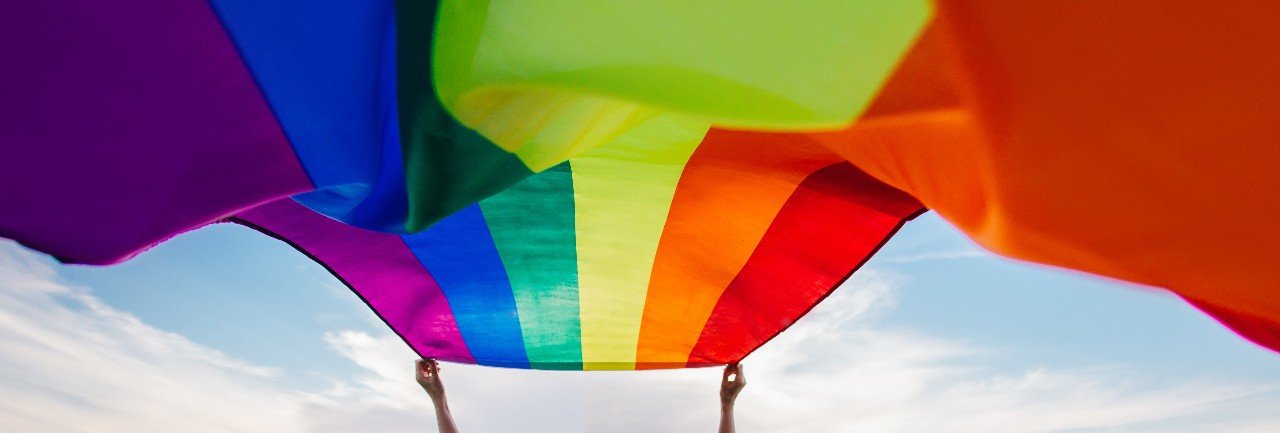 large rainbow flag is held in the air by two barely visible small hands