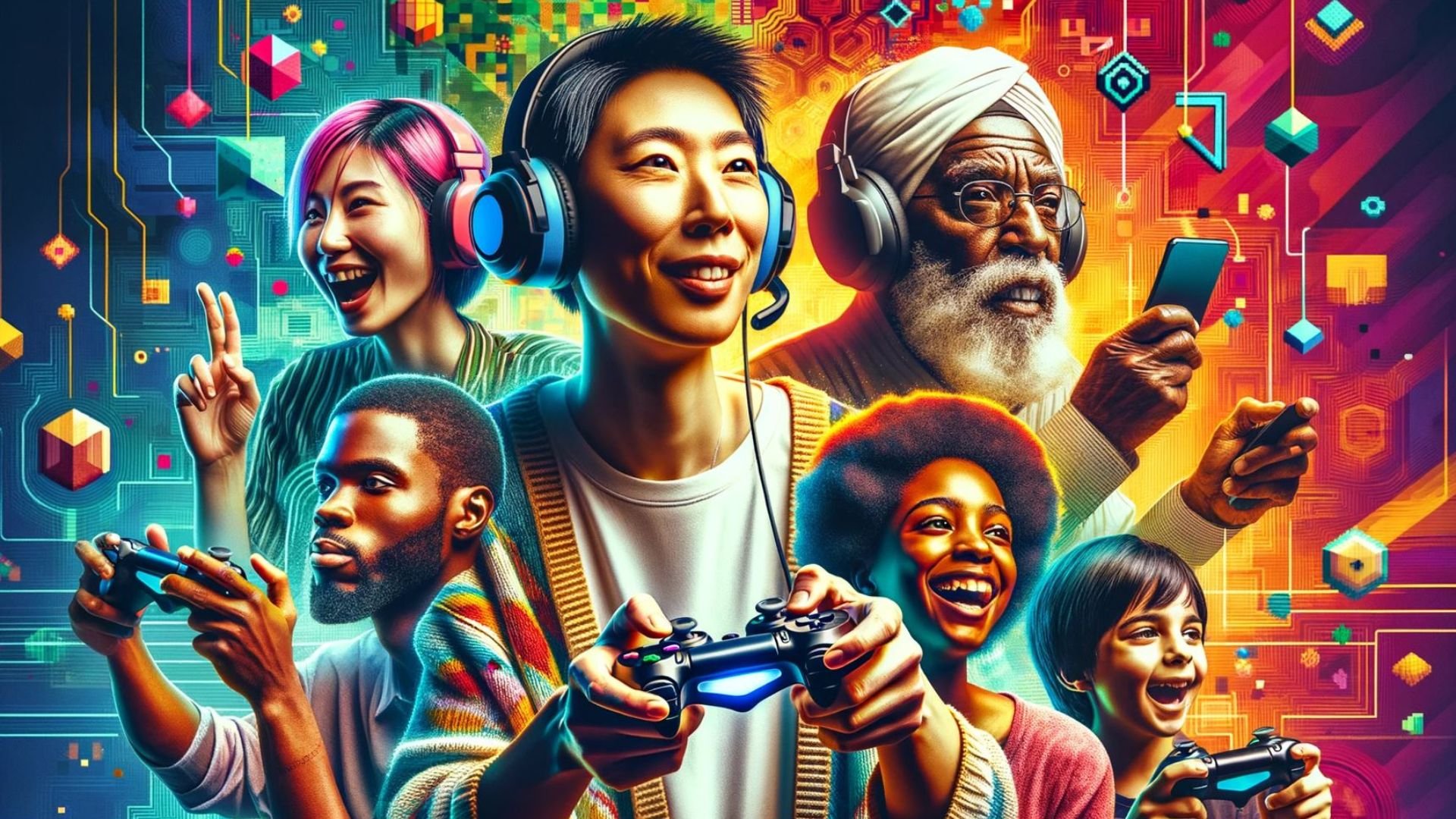 AI generated image of diverse group people gaming
