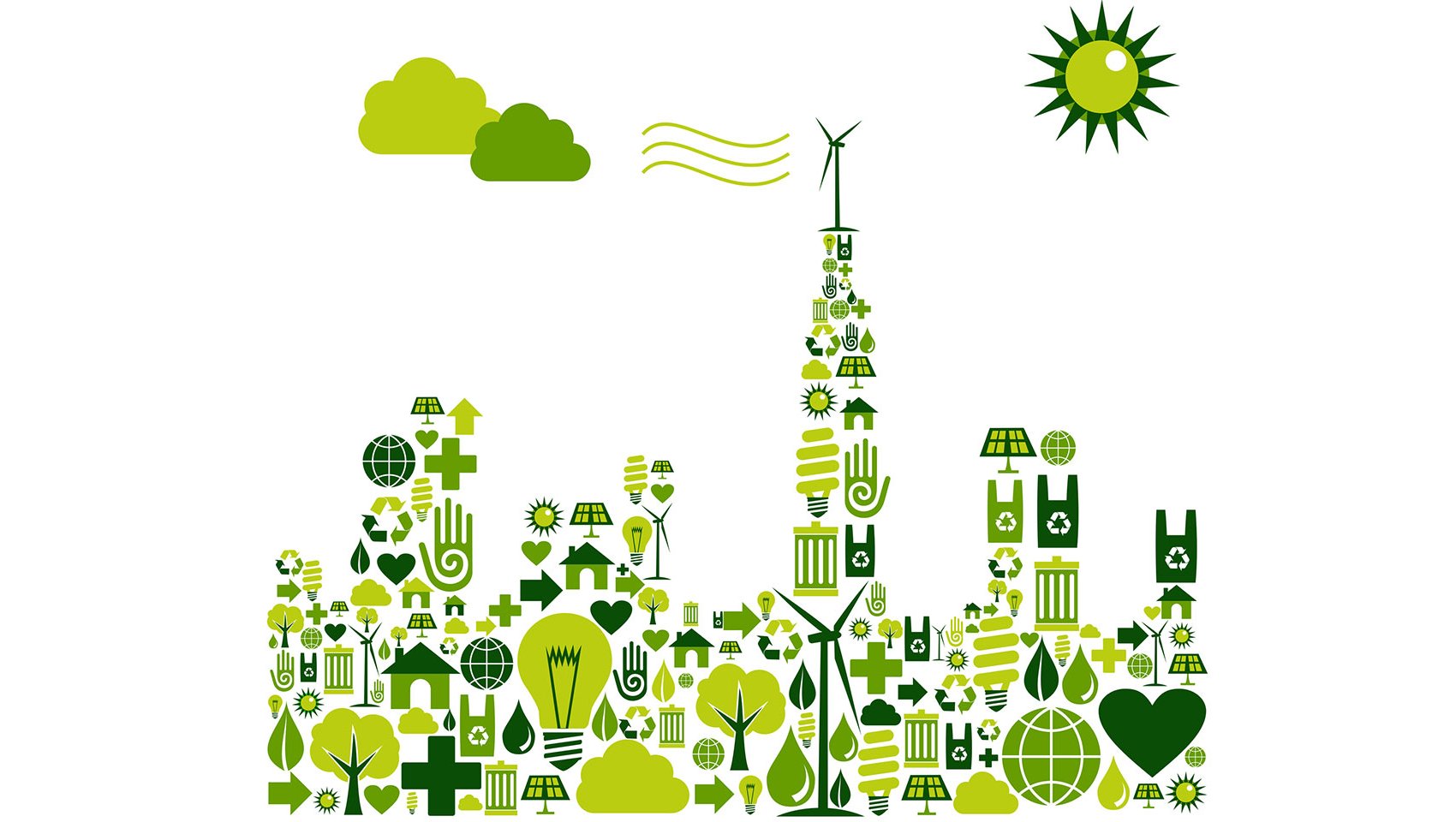Green City silhouette with environmental icons — Vector