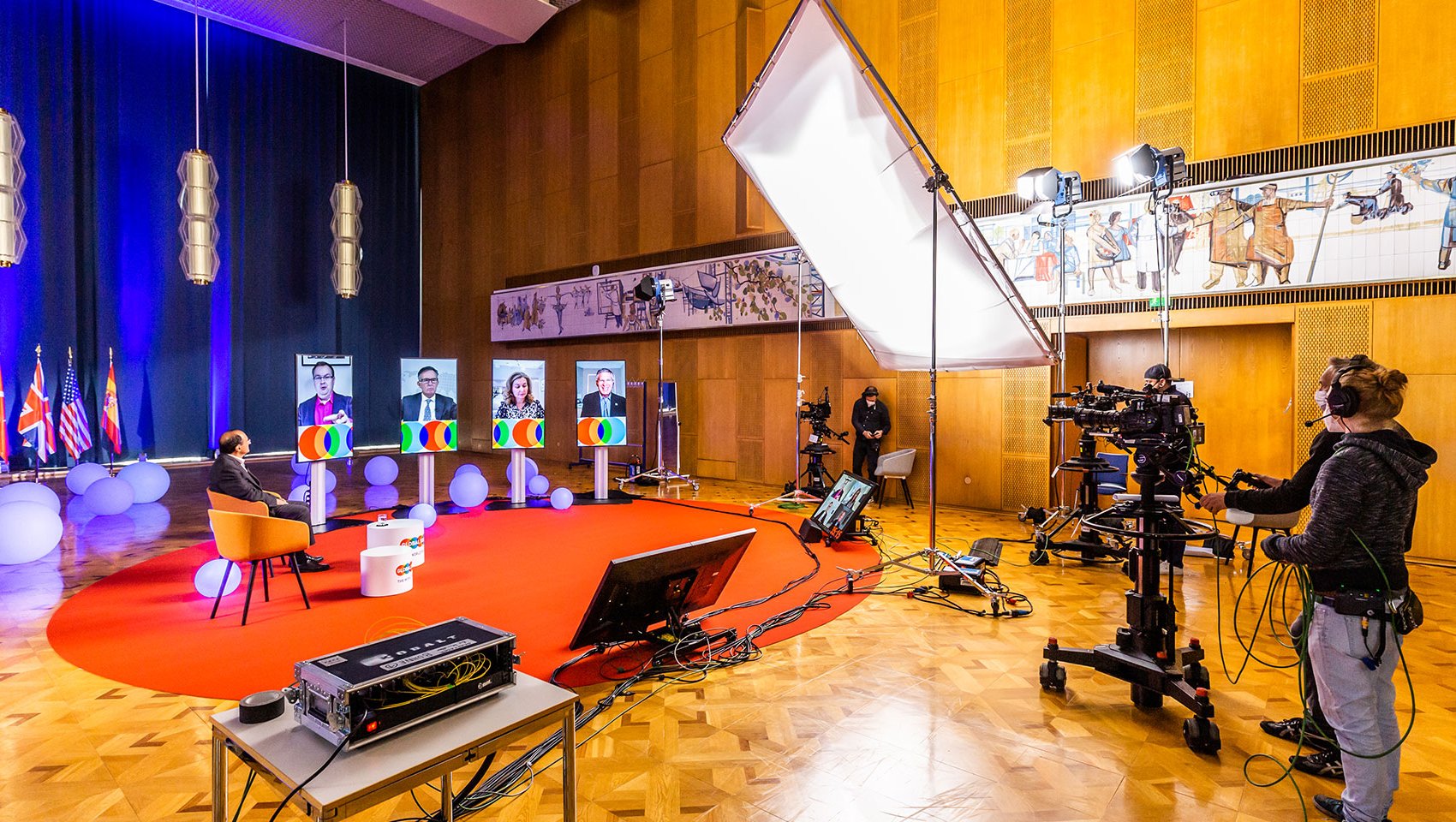 Image of the stage and video set up from the 2021 summit at ESMT Berlin